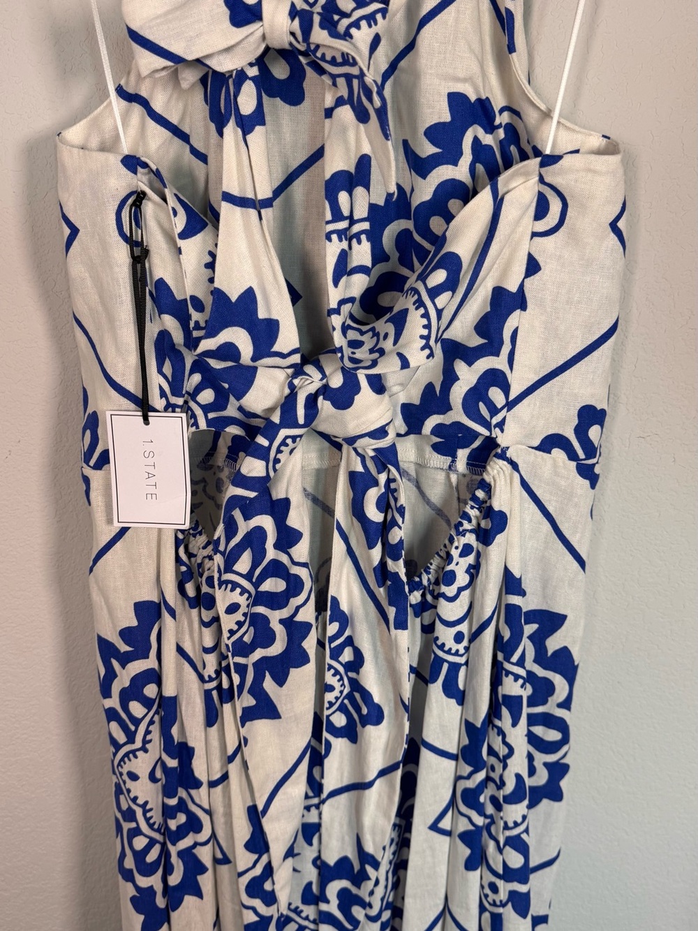 NWT 1.State Blue White Medallion Linen Blend Print Halter Maxi Dress Size XL - Picture 5 of 10